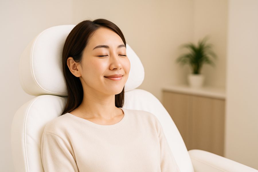 インモード(ラジオ波RF治療)を受ける32歳の日本人女性が白いリクライニングチェアでリラックスして穏やかな笑顔を浮かべている