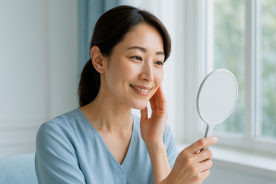 糸リフト(スレッドリフト)を検討する35歳の日本人女性が手鏡で自分の顔を見ながら明るい自然光の中で優しく微笑んでいる