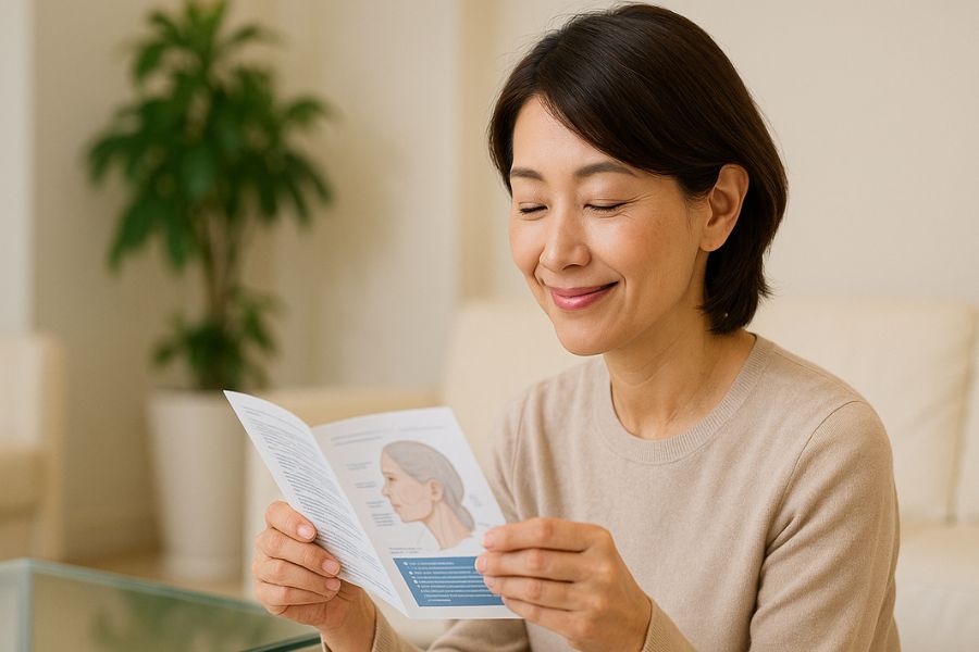 口横のたるみの原因を学ぶ40代日本人女性が美容クリニックで医療パンフレットを読みながら理解を深めている様子