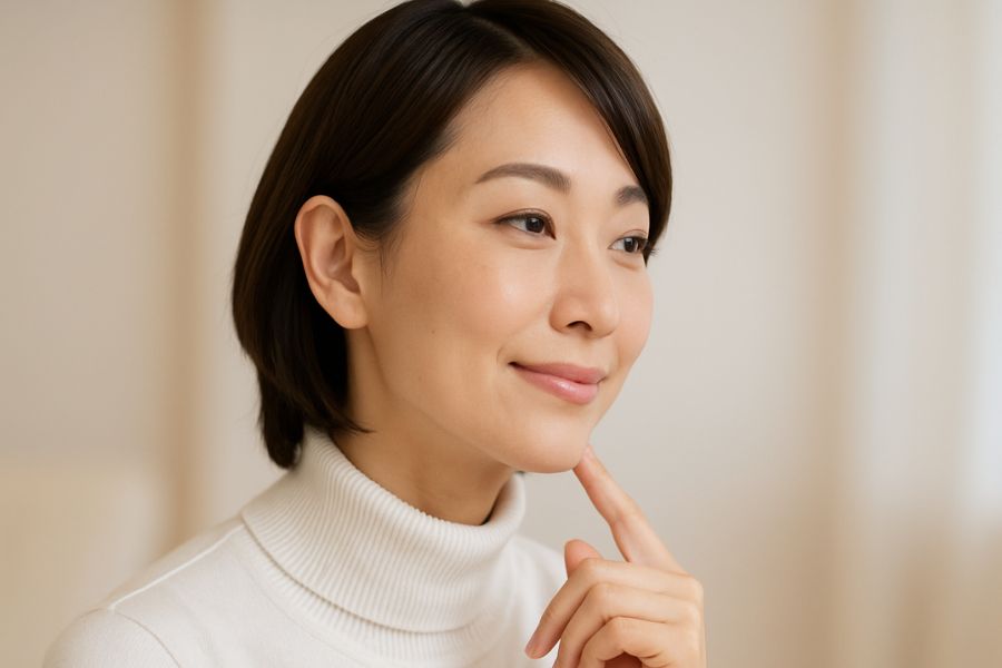 口横のポニョ(たるみ)の症状を確認する30代日本人女性が顎のラインを指でなぞりながら笑顔で自分の顔を観察している