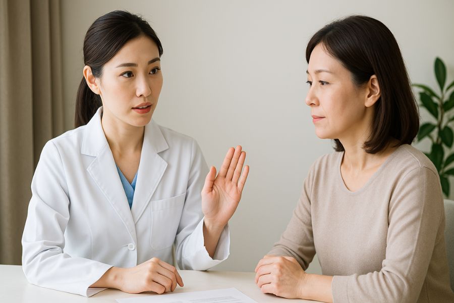 施術の禁忌事項や注意点について女性医師が患者に丁寧に説明し、45歳の日本人女性患者が真剣に理解を示している医療カウンセリング
