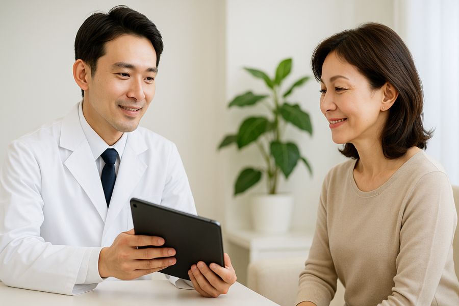 切開リフト(SMASフェイスリフト)について日本人男性医師がタブレットで説明し、40代女性患者が安心した表情で話を聞いているカウンセリング風景