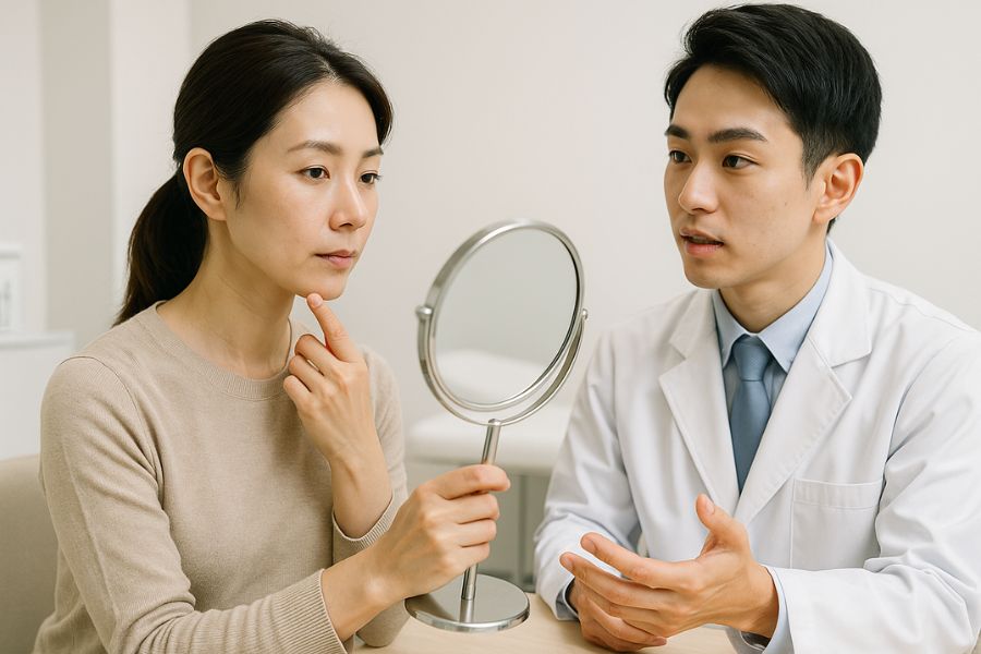 美容クリニックで、鏡を見ながら自分の肌状態を客観的にチェックしている日本人女性と糸リフトについて説明している20代の男性医師