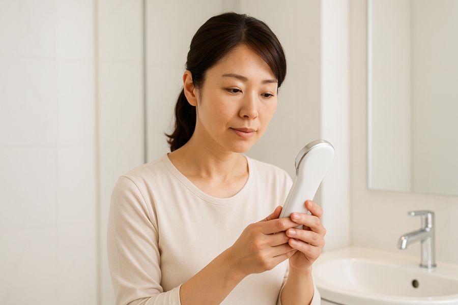 女性が清潔な洗面台の前で、美容機器（具体的なブランドは避けたシンプルな白い美顔器）を手に持ち、使用前の準備をしている様子