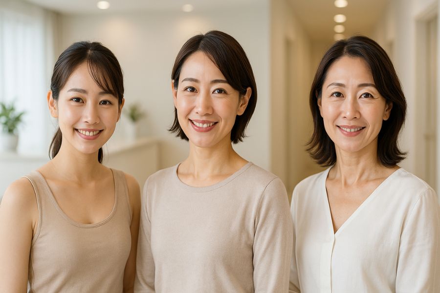 異なる年代を想起させる3人の日本人女性（20代後半、30代後半、40代後半）が並んで微笑んでいる様子