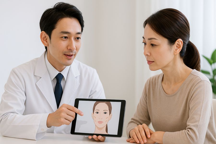 白衣を着た日本人男性医師が、タブレットを見せながら、美しい日本人女性患者に丁寧に説明している