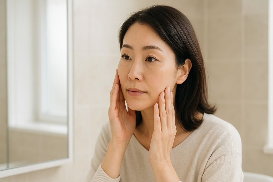 日本人女性（40代）が、明るい洗面所の大きな鏡の前で、自分の顔を優しく観察