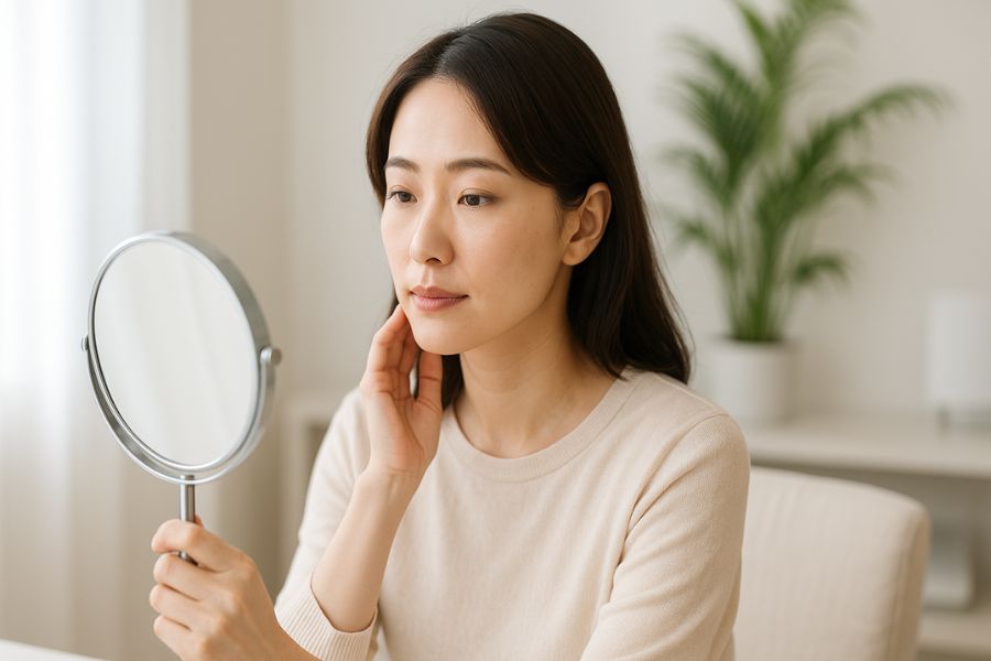 鏡で自分の顔の輪郭を優しく確認している日本人女性