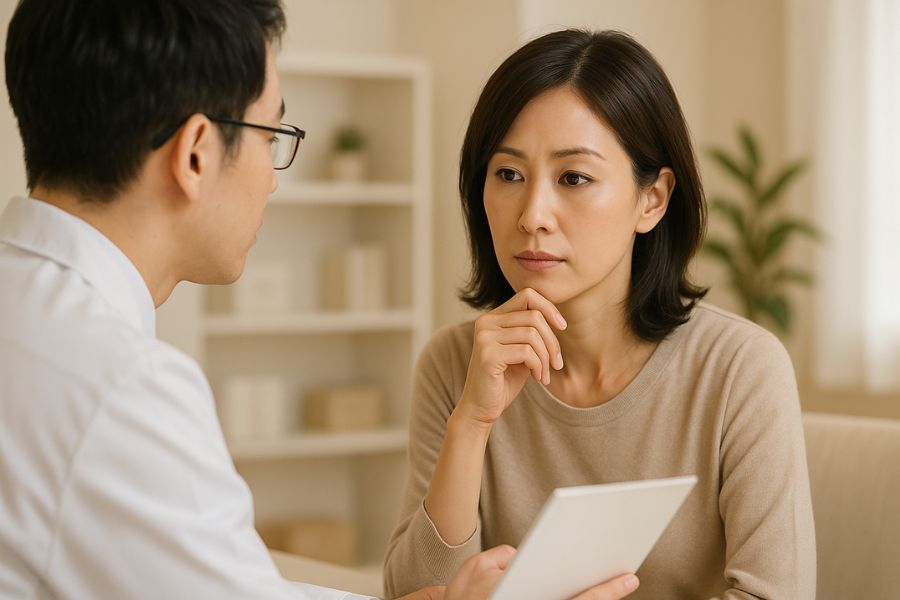 日本人女性（40代）が、清潔な相談室で白衣を着た医師と向かい合い、重要な説明を真剣に聞いている