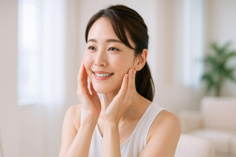 日本人女性が鏡の前で自分の顔のフェイスラインを優しく両手で触れている