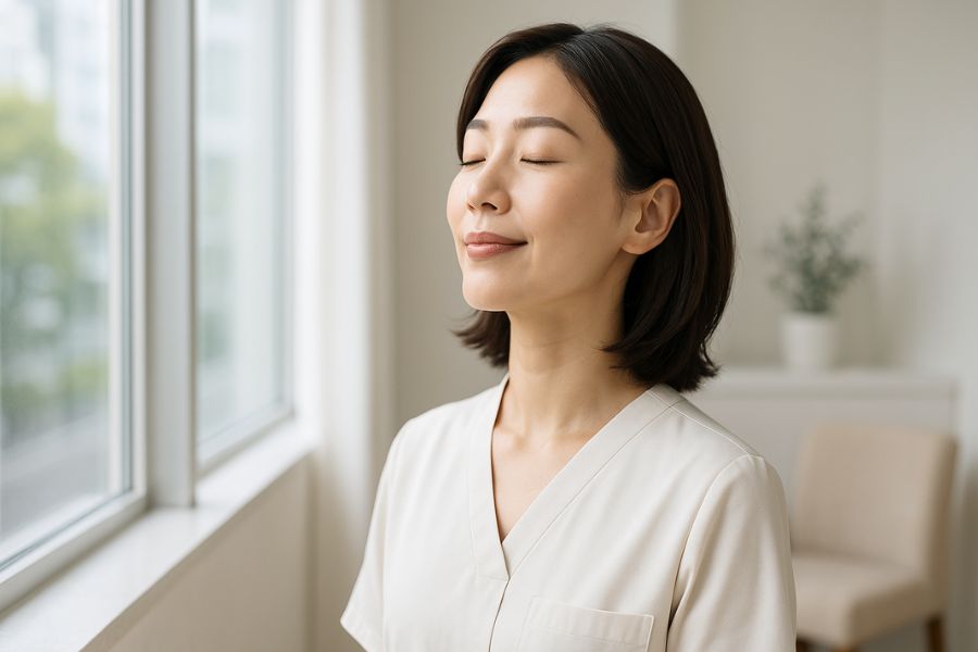 窓の外を見つめながら深呼吸をしている日本人女性