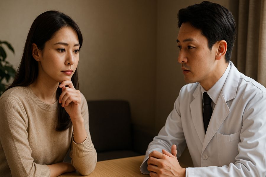 男性医師の前で、真剣に考え込む表情の日本人女性