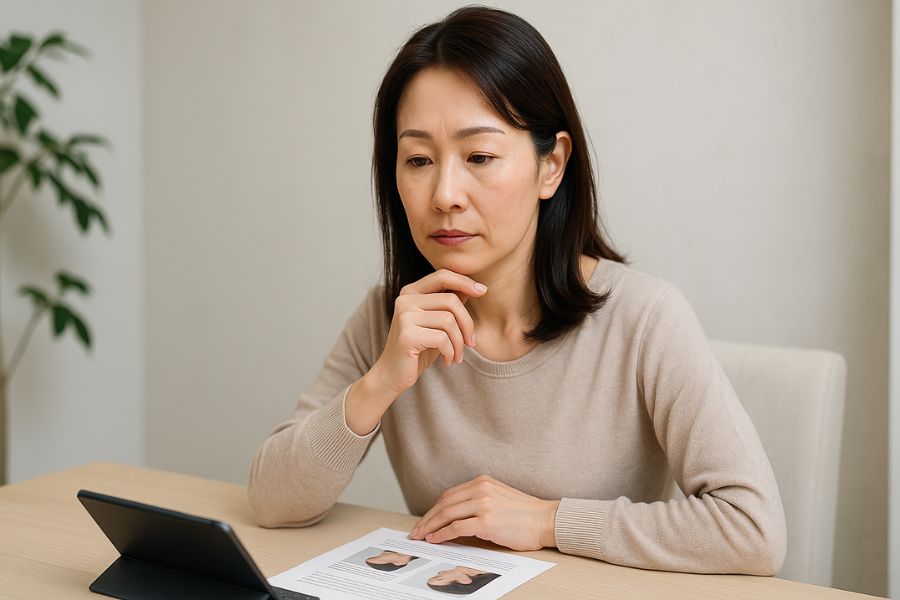 思慮深く比較検討している美しい日本人女性（40代）