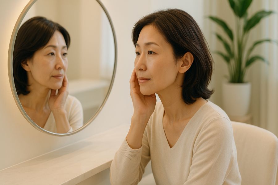 美容クリニックの相談ルームで、鏡を見ながら自分の顔を優しく触れている美しい日本人女性