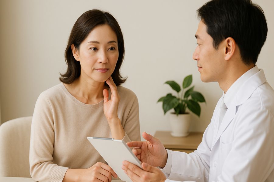 クリニックの相談室で、リラックスした様子の美しい日本人女性