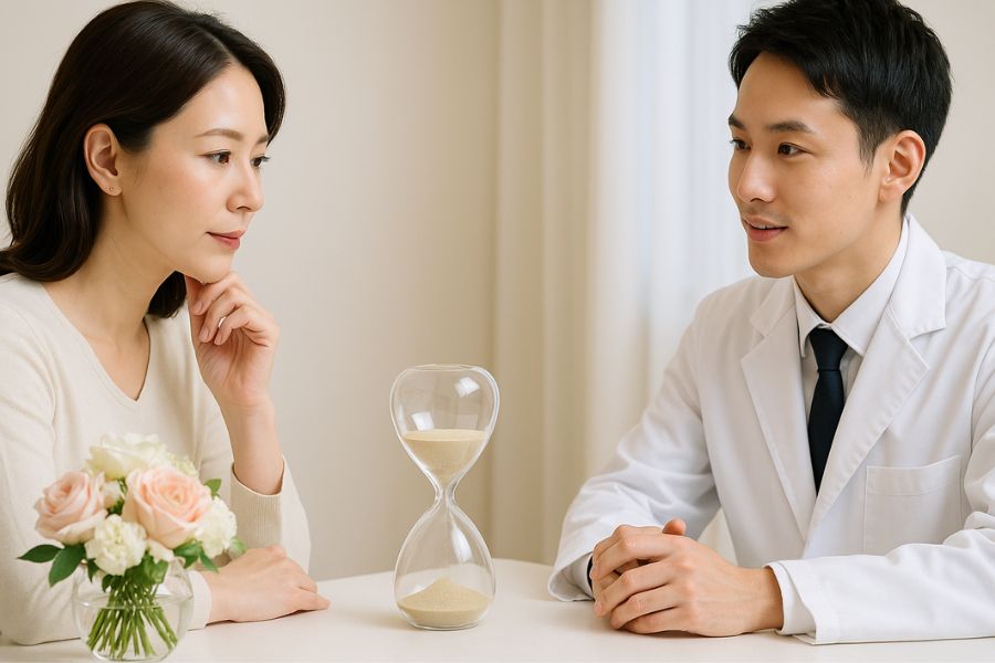 エレガントな砂時計が置かれた清潔な白いテーブル