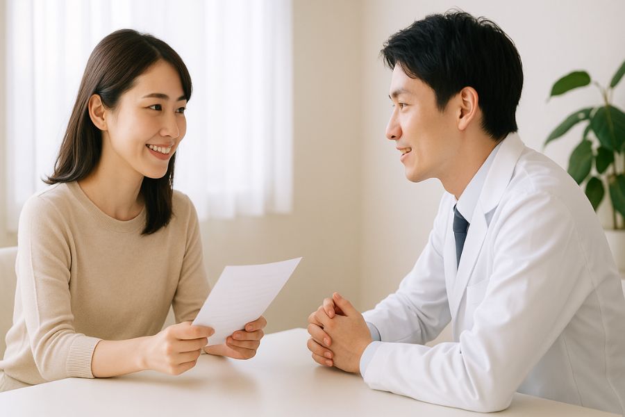 男性医師と女性患者が向かい合って座り、真剣に対話している