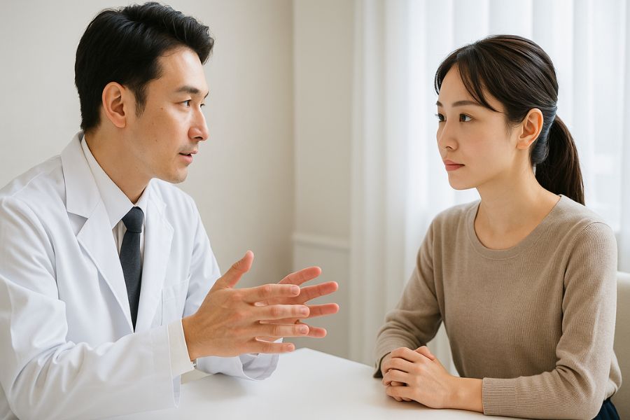 男性医師が、女性患者に丁寧に説明している