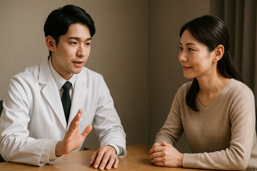 男性医師が女性患者に対して真剣に説明している
