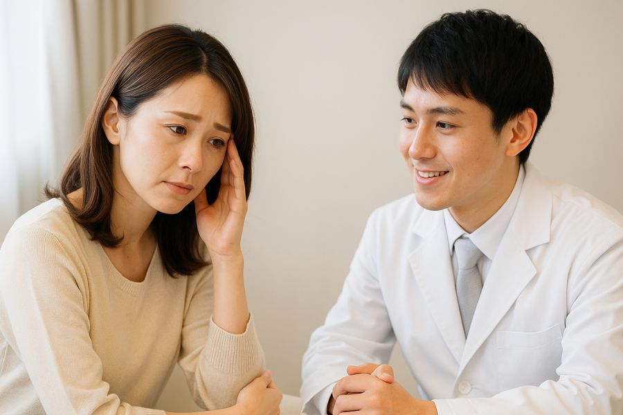 男性医師が、心配そうな表情の女性患者の話を優しく傾聴している