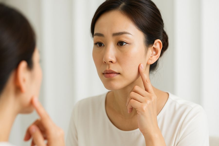 女性が鏡の前で自分のフェイスライン（エラの部分）を優しく指で触れて確認している