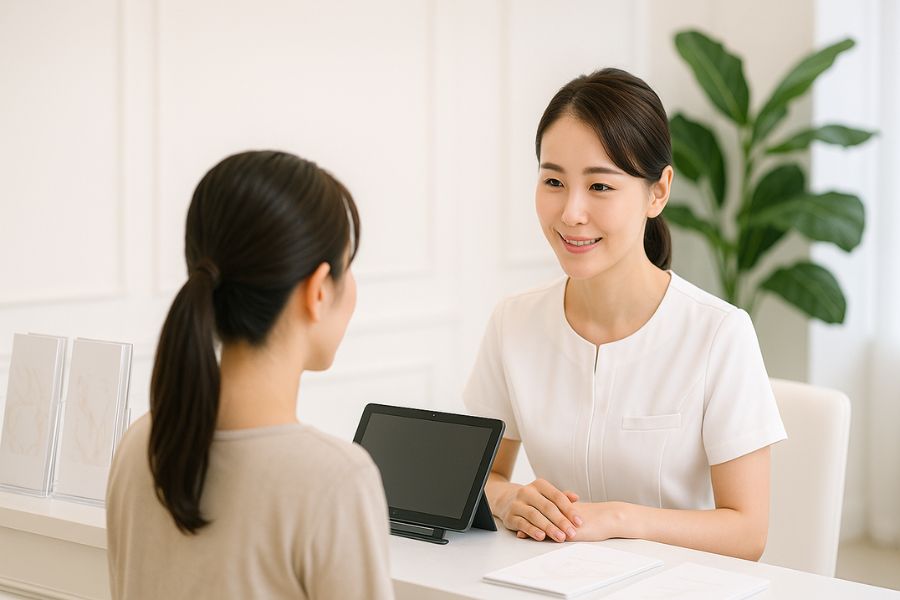 女性が受付カウンターで安心した表情で相談している