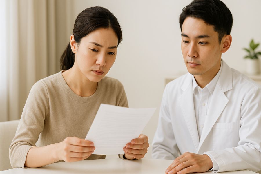 女性が、清潔な相談デスクで医療資料を真剣に読んでいる