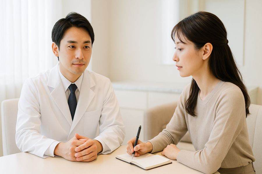 白衣を着た男性医師の説明を聞きながらメモを取っている女性