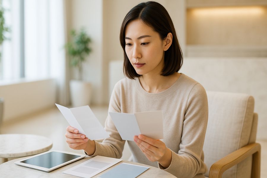 複数のパンフレットを思慮深く比較検討している女性