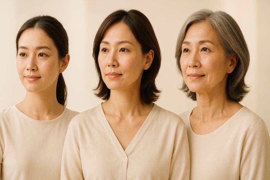 3つの異なる年代の美しい日本人女性（30代、40代、50代）が、それぞれ前向きで自信に満ちた表情