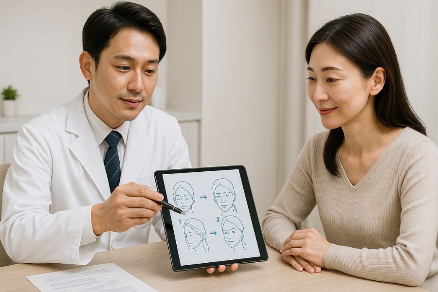 美容クリニックの相談室で、白衣を着た日本人男性医師（30代）が、美しい日本人女性患者（40代）に、タブレットや資料を使って段階的な施術の流れを丁寧に説明