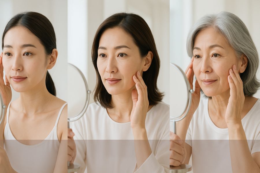 異なる年代の美しい日本人女性3人（20代後半、40代前半、50代後半）