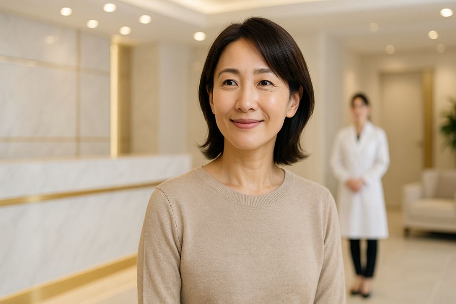 信頼できる美容クリニックの環境を確認する日本人女性が安心した表情でクリニック内を見ている様子