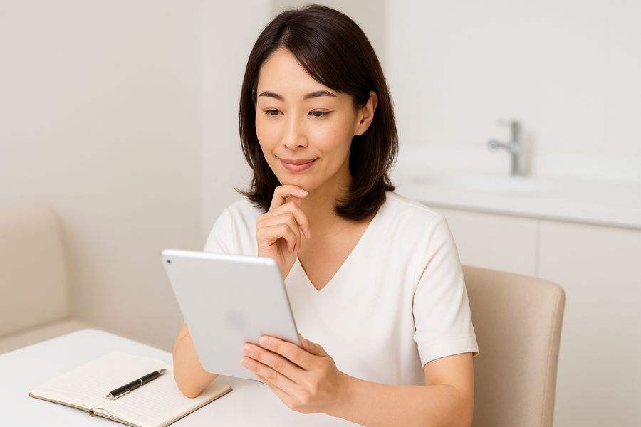 美容クリニックで顎下のたるみの原因について情報を確認する日本人女性が理解を深めている様子