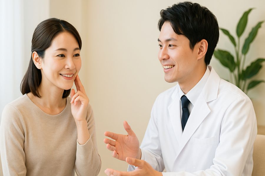 美容クリニックで頬こけの原因について医師から説明を受ける笑顔の日本人女性