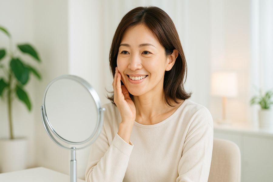 頬こけ改善の相談をする笑顔の日本人女性、美容クリニックのカウンセリングルーム