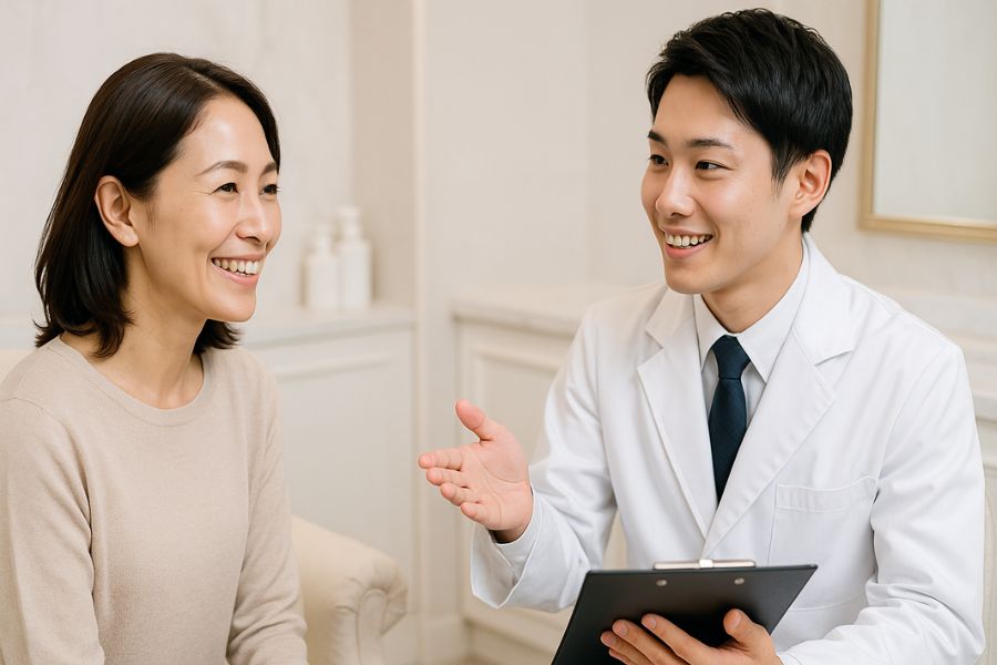 頬こけ改善の美容医療について医師と相談する前向きな表情の日本人女性