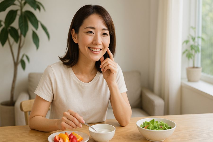頬こけ対策のセルフケアとして健康的な朝食を楽しむ笑顔の日本人女性