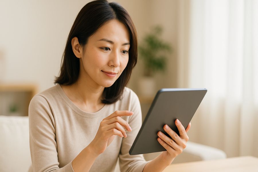 頬の脂肪吸引を成功させるため、スマートフォンで美容クリニックの情報を調べる日本人女性