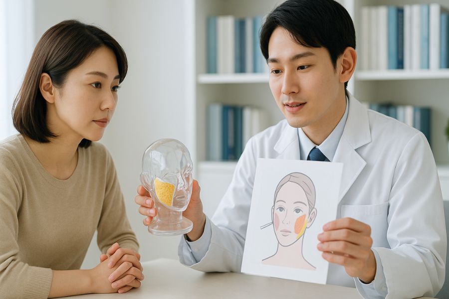 頬の脂肪吸引の仕組みを医師が患者に丁寧に説明している美容クリニックのカウンセリング風景