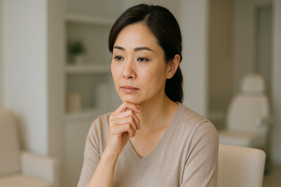 頬の脂肪吸引のダウンタイムとリスクについて真剣に考え、慎重に検討している日本人女性