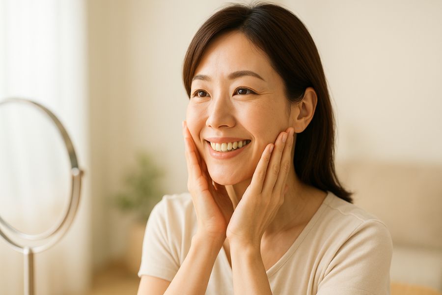 頬の脂肪吸引の効果を実感し、鏡で自分のフェイスラインを確認する明るい表情の日本人女性