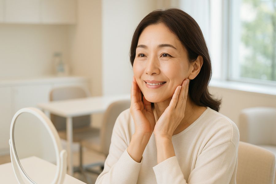 頬の脂肪吸引の効果を実感し、美容クリニックの鏡の前で満足そうにフェイスラインを確認する日本人女性
