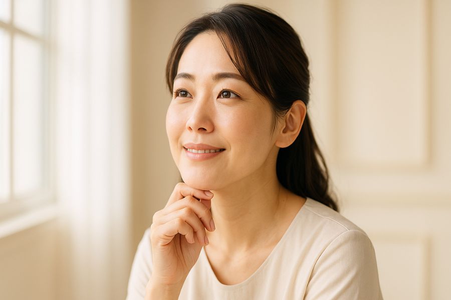 頬の脂肪吸引で理想のフェイスラインを手に入れることを想像し、希望に満ちた表情の日本人女性
