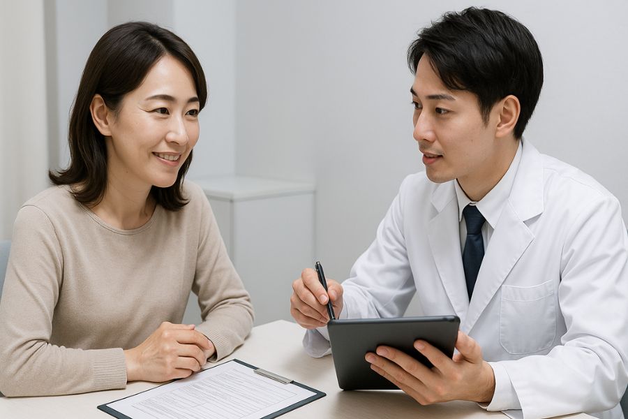 頬の脂肪吸引の施術の流れを説明する医師と、カウンセリング資料を見ながら相談する日本人女性患者