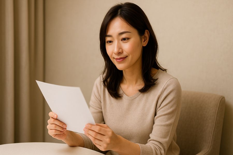 美容医療を選ぶ際のポイントを慎重に検討する日本人女性、頬こけ治療の意思決定