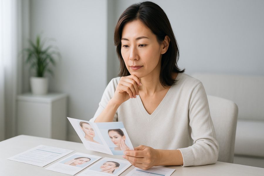 マリオネットライン治療法を比較検討する女性｜複数の治療オプションから最適な方法を選択