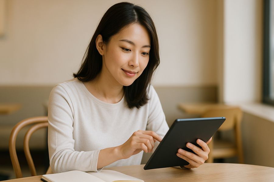 エラボトックスで信頼できるクリニックの選び方、情報を検索する日本人女性