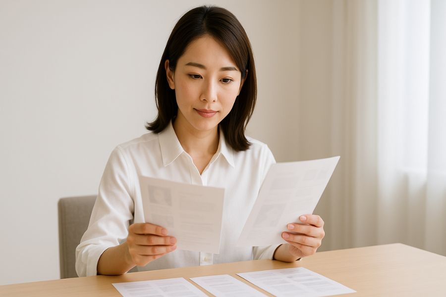 エラボトックスと他の施術を比較検討する日本人女性、複数の治療法のパンフレットを見る様子