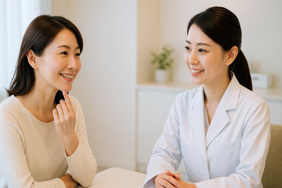 美容クリニックでエラボトックスのカウンセリングを受ける笑顔の日本人女性患者と女性医師